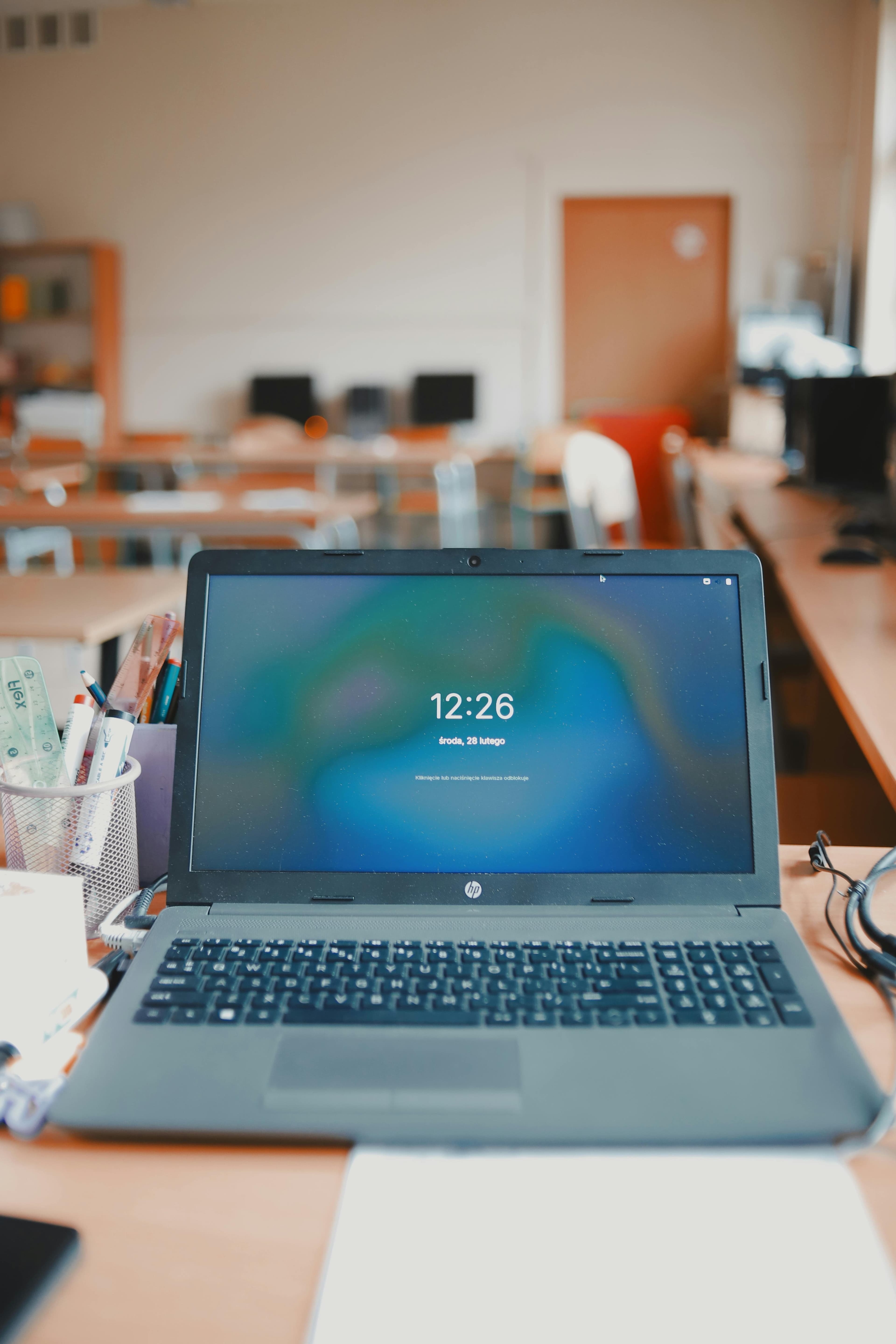 A classroom workspace prepared for digital school operations